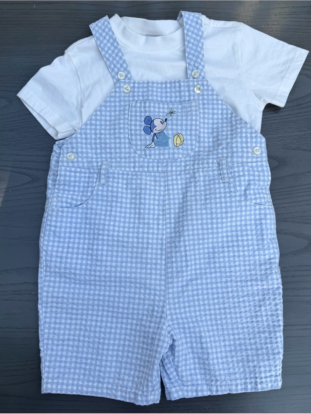 Vintage DISNEY STORE Mickey Mouse Gingham Overalls Shortalls TODDLER BOYS 4T